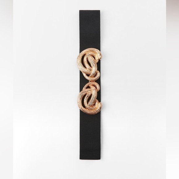 ZARA BUCKLED STRETCH BELT BLACK WITH GOLD TONE BUCKLE SZ 32 - Picture 4 of 6